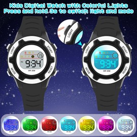DTKID Digital Kids Watches 3 ATM Waterproof 7 Color Lights Time Teaching Wrist Watch Easy to Read for Girls Boys 5-16, Black