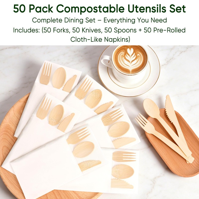 FEHHTO Napkin and Bamboo Cutlery Set, Compostable Utensils Disposable Cutlery