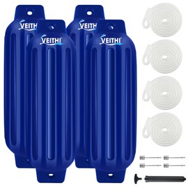 VEITHI Large Boat Fenders 4 Pack 8.5 x 27,Ribbed Twin Eyes Vinyl Boat Bumpers Fenders,Boat Bumpers for Docking Come with Ropes Needles and Pump to Inflate,Pontoon Boat Fenders for Docking - Navy Blue