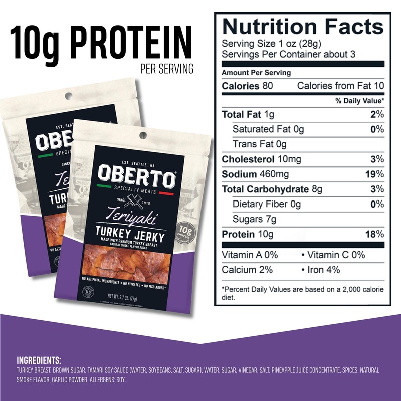 Oberto Specialty Meats Teriyaki Turkey Jerky, 2.7 Ounce (Pack of