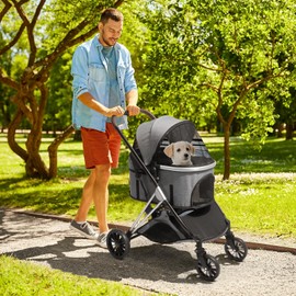 Generic Pet Stroller 3 in 1 Multifunction 4 Wheels Folding Dog Cat Jogger Stroller Detachable Carrier Storage Basket Lightweight Travel Stroller for Puppies Doggies Kitties,Grey