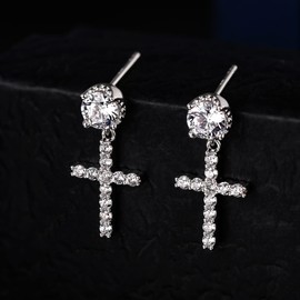 TRUMIUM Cross Earrings for Men Women 925 Sterling Silver Hypoallergenic Silver Stud Earrings White Cubic Zirconia Cz Dangle Earrings