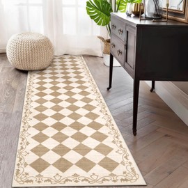 Beeiva Checkered Runner Rug for Hallway 2.5x8, Non Slip Washable Kitchen Runner Rug 2.5x8, Beige Neutral Bathroom Home Decor, Plaid Diamond Low Pile Print Carpet for Entryway Bedroom Laundry