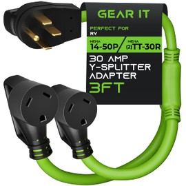 GearIT 50 Amp to 30 Amp RV Y Splitter Adapter Cord, NEMA 14-50P Male to x2 TT-30R Female Receptacle, 4-Prong to 3-Prong Power Cord - 3 Feet