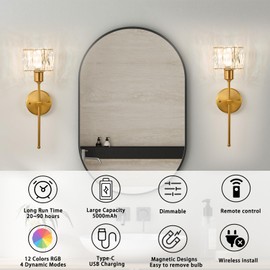 Crystal Battery Operated Wall Sconces Set Of Two, Gold Wireless Wall Light with USB Rechargeable LED Light Bulbs 12 Colors Dimmable Crystal Wall Lamp with Remote for Living Room, Bedroom, Hallway
