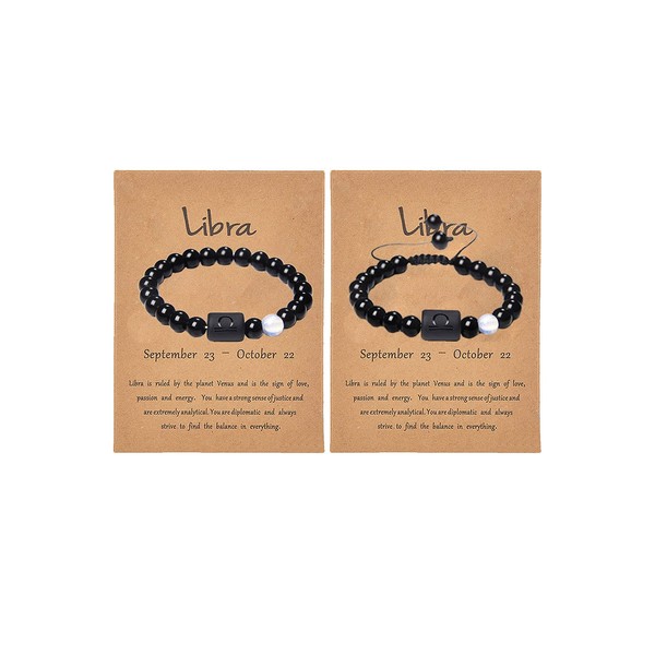 Frodete 2Pcs Zodiac Bracelet for Men Women,8mm Natural Black Onyx