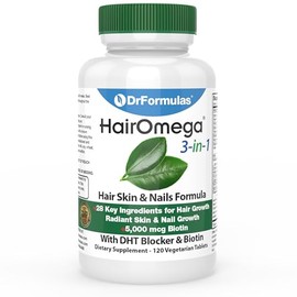 HairOmega 3 en 1, suplemento para pelo, piel y uñas con bloqueador de DHT; suplemento de crecimiento del cabello con biotina | Vitaminas para pérdida de cabello
