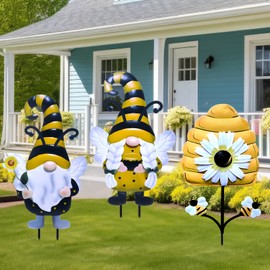 Cinnvoice 3 Pcs Bee Metal Gnomes Stakes 25.4'' Decorative Garden Stakes Spring Yard Gnome Decor with Honeycomb for Lawn Patio Yard Outside