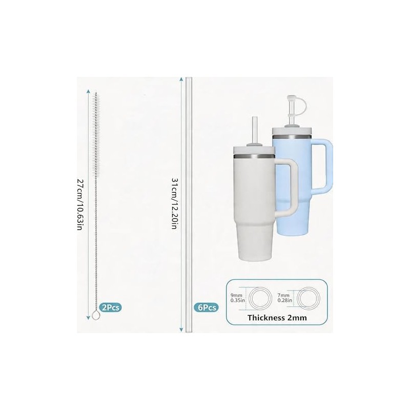 6 Popotes Reutilizables(12.13in) para 40 oz, 2 Cepillos de Limpieza