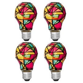 4 Pack LED Stained Glass Light Bulb A19 2W (25W Equivalent) E26 Base Painted Light Bulb Night Light Mosaic Light Bulb Party Light Bulb Stainglass Light Bulb - Tiffany Light Bulbs Atained Glass