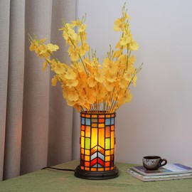 Blivuself Tiffany Style Stained Glass Bohemian Block Table lamp Living Room Bedroom Bedside Flower Vase Decor Small Night Light Mini Cute Kids Accent Cottage Aesthetic Nightstand Cylinder Desk lamp