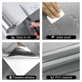 HorryHaus Stainless Steel Contact Paper Peel and Stick Silver Metallic Refrigerator Wrap. Contact Paper Countertop Waterproof Wallpaper for Kitchen Backsplash Dishwasher Cabinets 11.8"x80"