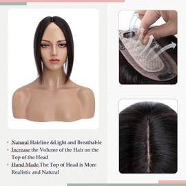 S-noilite Silk Base Clip In On Hair Topper Human Hair Remy Crown Topper Wigs Clip On Toupee Top Hairpiece For Women With Hair Loss Thinning Hair 120% Density,14 inch Natural Black