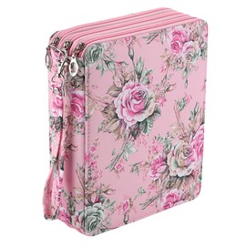 BTSKY Colored Pencil Case- 120 Slots Pencil Holder Pen Bag Large Capacity Pencil Organizer with Handle Strap Handy Colored Pencil Box with Printing Pattern (Pink Rose)