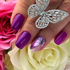 Purple Press on Nails Medium,Coffin Purple Gradient Butterfly Design False Nails,Reusable Fake Nails,Full Cover Stick on Nails,Square Acrylic Glue on Nails for Women,Artificial Nails Supplies 24Pcs