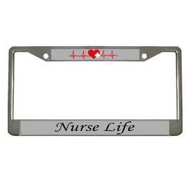 Nurse Life, Heart Beat Great Gift for The Nurse, Design Heavy Duty Metal Car License Plate Frame Auto Tag Holder(Chrome/Silver/Black)