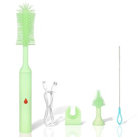 Electric Bottle Brush, Electric Baby Bottle Brush Cleaner with Silicone Bottle Brush and Nipple/Straw Cleaner Brush, Waterproof Baby Bottle Washer, 2 Modes & 360° Rotation, Green