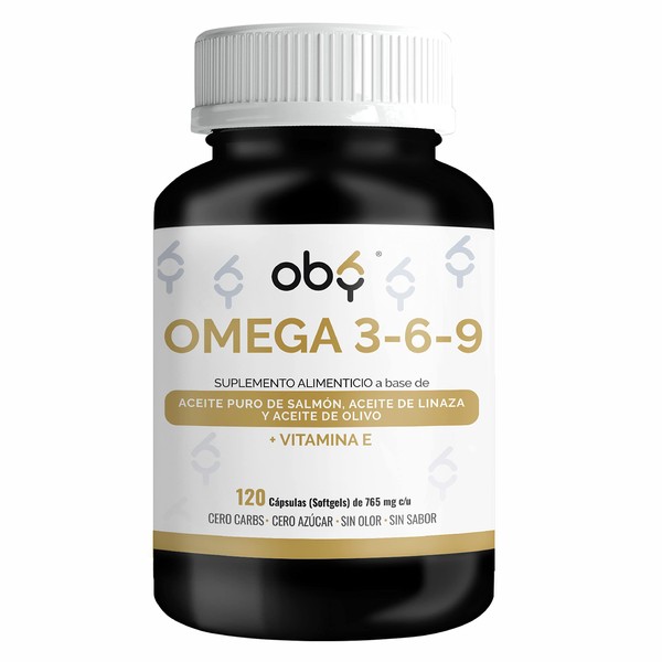 OBY Omega 3 6 9 con Vitamina E. Omega 3 Salmon + Omega 6 Aceite de linaza, Omega 9 Aceite de olivo. DHA y EPA. Omega 3 6 9 capsulas. Suplemento Omegas 120 caps.