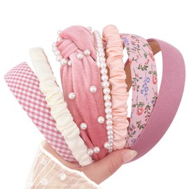 Brimekichio 7 Pack Pink Headband for Women Girls Cute Headbands for Women Non Slip Pearl Beads Knotted Pink Head Bands Cute Accessories