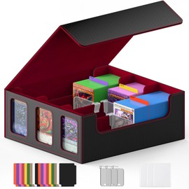 TopMade Card Deck Box for Trading Cards 2400+ with 18 Colorful Divider, Leather Magnetic Commander Trading Card Storage with Viewing Windows, Storage Box for YuGiOh, MTG and Sport Cards - Black & Red