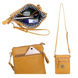 Solene Women's Faux Leather Organizer Multi Zipper Pockets With Detachable Wristlet Crossbody Bag -WU002L (Mustard)