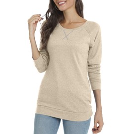POPYOUNG Women's Fall-Winter Long Sleeve Tunic Tops for Leggings Crewneck Casual Blouse Sweatshirt XL,Beige