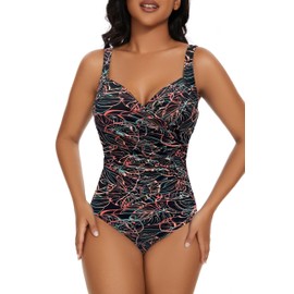 Aqua Regina Plus Size Swimsuit for Women One Piece Bathing Suit Ruched Tummy Control Adjustable Swimwear(O/Tropical Leaf,XXL)
