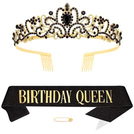 Black Gold BIirthday Crown Queen Sash Kit for Women Girls Birthday Decorations Rhinestone Princess Crowns Crystal Birthday Headbands Happy Birthday Tiara Women Birthday Clothing Accessories