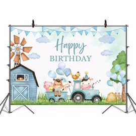 APROPHIC Children's Birthday Banner Background Blue Animals Photo Background Happy Birthday Banner Photo Backgrounds Cartoon Funny Cow Pig Photo Background Photo Wall Background 210 x 150 cm