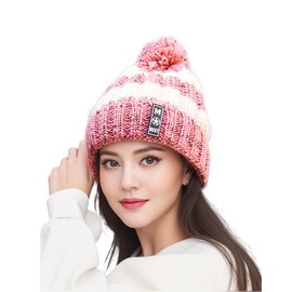 Wander Agio Women Winter Warm Crocheted Hat Windproof Beanies Caps Thick Fleece Lining Cold Weather Wool Knit Beanie Stripe Matching Pink 23
