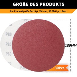 SenmaiTools Pack of 30 Sanding Discs 180 mm Velcro, Grit 60 Eccentric Sandpaper Sanding Sheets Set, Sanding Sheets Non-Porous Holes for Wood Metal