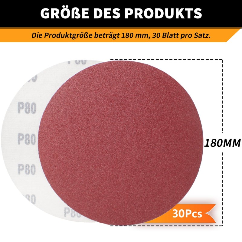 SenmaiTools Pack of 30 Sanding Discs 180 mm Velcro, Grit