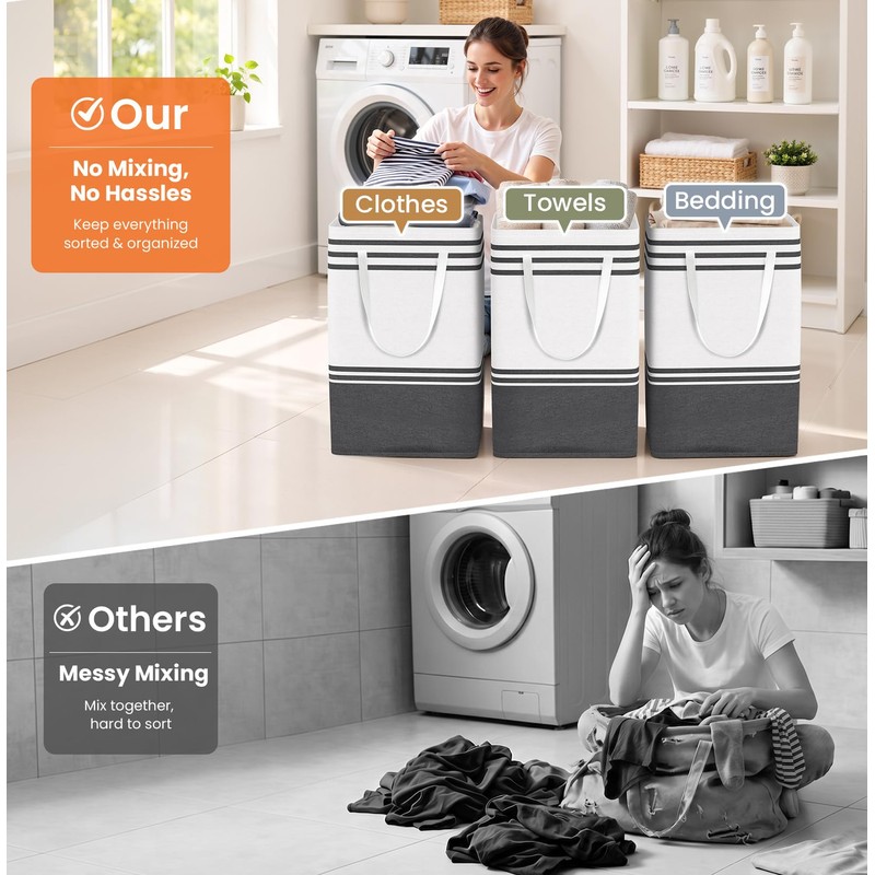 TranquilRelax 3-Pack Laundry Basket - Collapsible Tall Laundry Hamper with