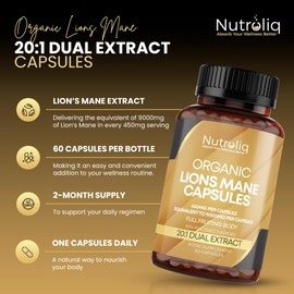 Nutroliq Organic Lions Mane Capsules - 20:1 Dual Extract - (20:1 Extract Equiv. to 9000mg per 450mg per Capsule)