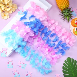 24 Counts Hawaiian Leis Bulk Tropical Flower Lei Hawaiian Necklaces with Cartoon Themed Gift Cards Blue Light Blue Pink Cartoon Alien Gift for Luau Beach Hawaii Party Favors Birthday Party Decorations