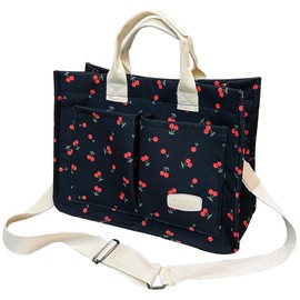 mcuvaec Cherry Tote Bag for Women Canvas Patched Purse Cute Shoulder Bag Multi-Pocket Satchel Handbag for work travel (cherry black)