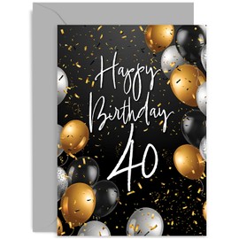 Premium 40th Birthday Card with Envelope for Him Her - Gold and Black Balloons Birthday Card for Men Women - Special Age 40 Years Old Birthday Card for Friends or Family | Blank Inside