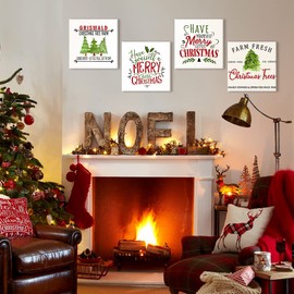 OTOSTAR 4 Pieces Christmas Wall Art Canvas Prints - Christmas Tree Farm Picture Painting - Modern Wall Artwork Framed for Gifts Bathroom Home Kitchen Office Christmas Decor - 12 x 12 Inch