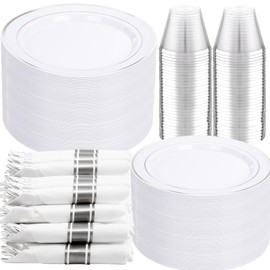 DaYammi 350PCS Silver Plastic Dinnerware Set for 50 Guests, Fancy Disposable Plates for Party, Include: 50 Dinner Plates, 50 Dessert Plates, 50 Pre Rolled Napkins with Silver Silverware, 50 Cups