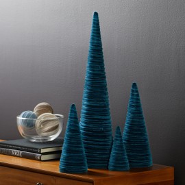 Teal Velvet Cones Set of 4, Minimalist Mantel decor, Holiday Entryway, Blue Green Home decor, Christmas, Tree Figurines (Teal)