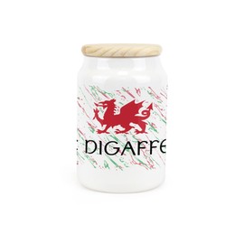 Purely Home Welsh Dragon Ceramic Decaf Tea Storage Canister - Te Digaffein Wales Souvenir Themed Kitchen Food Storage Container & Wooden Lid 600ml (14.5cm x 9.5cm)