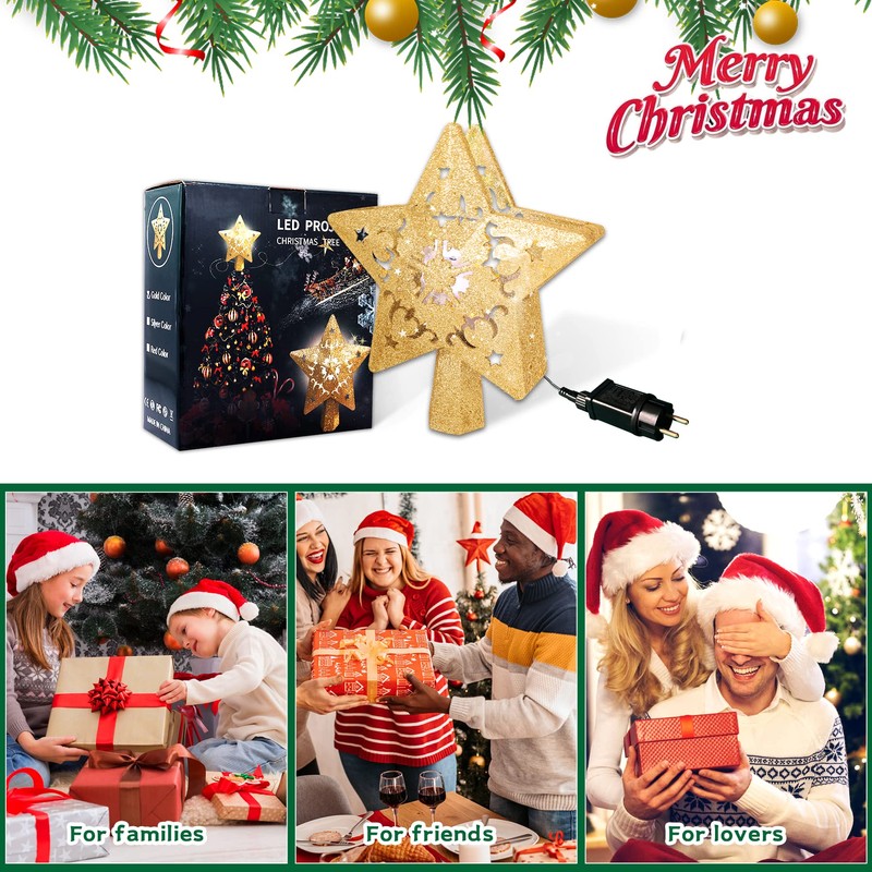 Star Christmas Tree Topper with Rotating LED Projector, 4 Patterns,