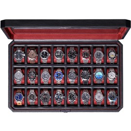 ROTHWELL 24 Slot Watch Case with Lock – Luxury Watch Box to Display and Organize Your Collection | Real Glass Top | Premium Storage for Collectors (Black/Red)