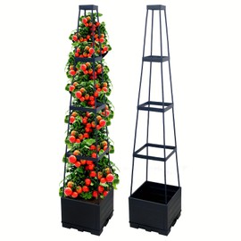 LOVEWE Vertical Garden Planter Box with Trellis, Self-Watering Tomato Cage, Black Metal Frame, 57 Inch Height, 2 Pack, Indoor Outdoor Plant Growing System for Climbing Vegetables