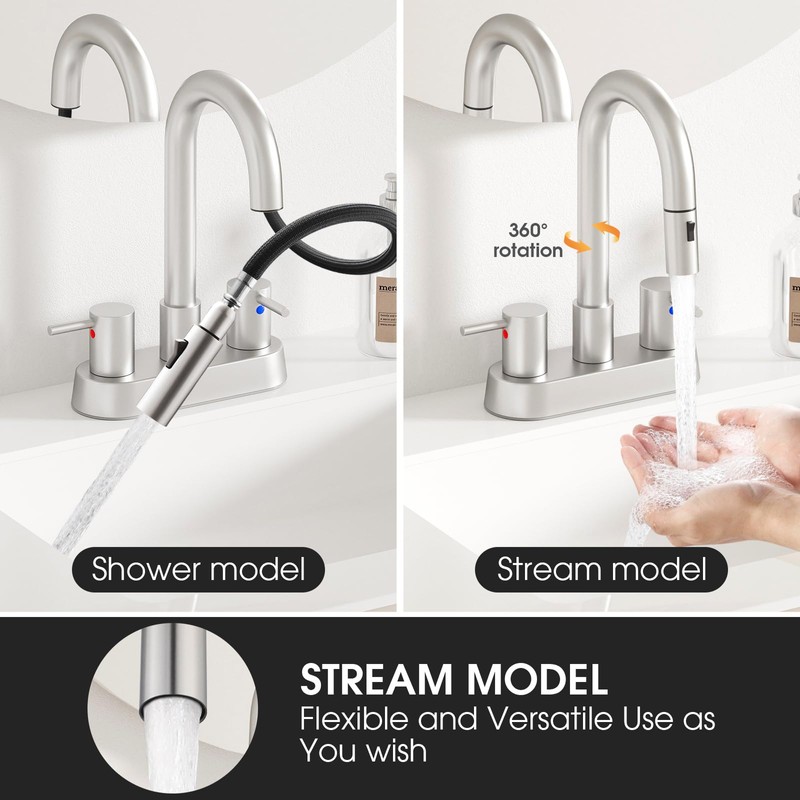 NOHALIPY Stainless Steel Brushed Nickel Bathroom Faucet with Pull Out