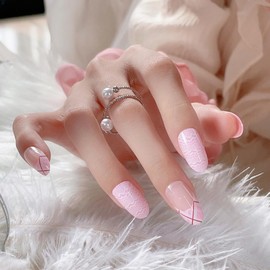 French Tip Press on Nails Medium Almond Fake Nails Pink White Ripple Line Stick on Nails Full Cover Glossy Acrylic Nails for Women Nail Decoration 24 Pcs