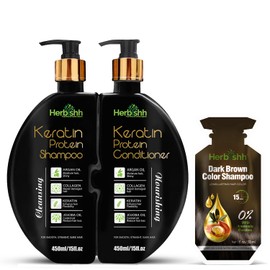 Herbishh Dark Brown Hair Dye Shampoo & Conditioner Set with Keratin | Sulfate-Free Hair Repair + Gray Coverage | 10 Travel Sachets + Argan Mask + Shampoo & Conditioner 450ml Each