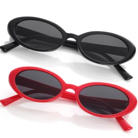 Teumire Retro Oval Sunglasses for Women Men 90s Style Vintage Small Sun Glasses UV400 Protection Shades(Black+Red)