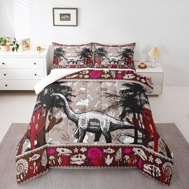 Jungle Adventure Comforter Set for Kids Adults,Wild Dinosaur Graffiti Cartoon Skull Bones Bedding Comforter Sets Twin,Red Black Cactus Botanical Plants Quilt Comforter with 1 Pillowcase