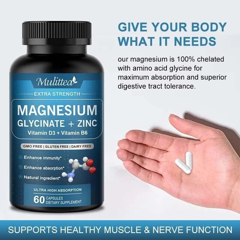 Mulittea 3PACK Magnesium Glycinate Capsules 500mg with Vitamin D3 Vitamin